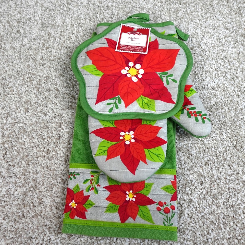 Holiday Time Christmas Kitchen Set 3pc Poinsettia Towel Potholder Oven Mitt
